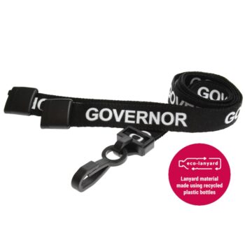 15mm Recycled Black Governor Lanyards Plastic J Clip [Pack 100] | Printed textile lanyard | Made with recycled plastic bottles | Fusion Office UK