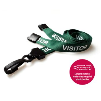 15mm Recycled Green Visitor Lanyards Plastic J Clip [Pack 100] | Printed textile lanyard | Made with recycled plastic bottles | Fusion Office UK