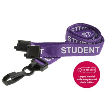 15mm Recycled Purple Student Lanyards Plastic J Clip [Pack 100] | Printed textile lanyard | Made with recycled plastic bottles | Fusion Office UK